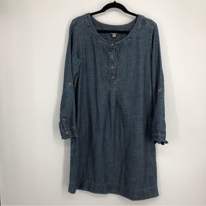 J. Jill Henley Dress Denim Lyocell Linen Long Sleeve Midi Size M